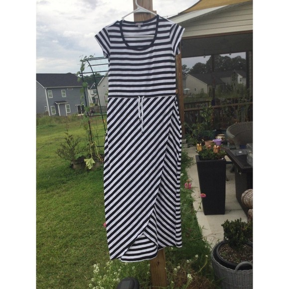 T by Talbots womens striped maxi dress petite drawstring athleisure black white - Picture 1 of 11